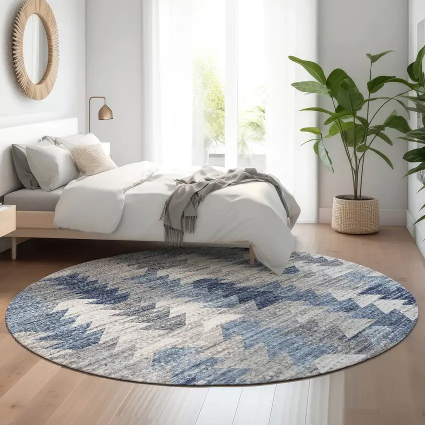 8' Blue Ivory And Gray Geometric Washable Round Rug With UV Protection Photo 5