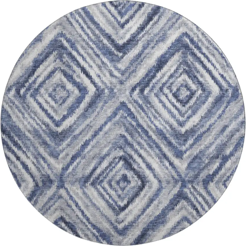 8' Blue Ivory And Gray Geometric Washable Round Rug With UV Protection Photo 1