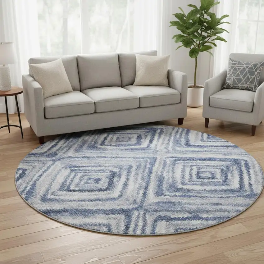 8' Blue Ivory And Gray Geometric Washable Round Rug With UV Protection Photo 2
