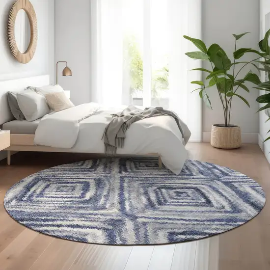 8' Blue Ivory And Gray Geometric Washable Round Rug With UV Protection Photo 5