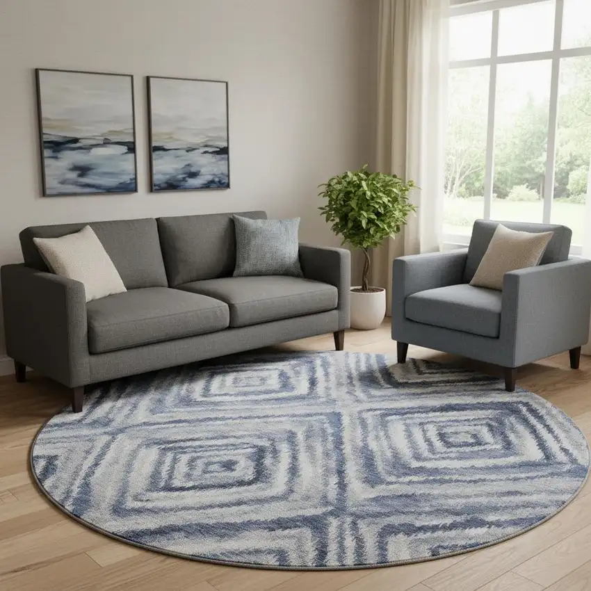 8' Blue Ivory And Gray Geometric Washable Round Rug With UV Protection Photo 1