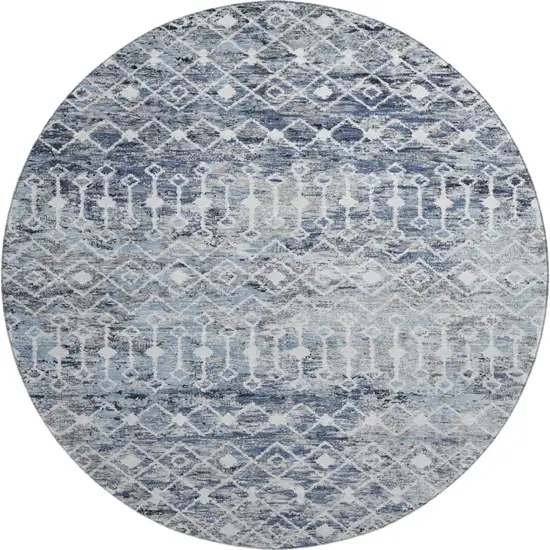 8' Blue Ivory And Gray Geometric Washable Round Rug With UV Protection Photo 1
