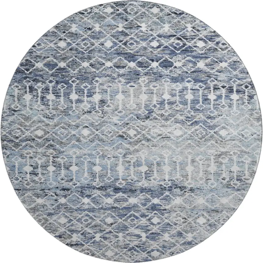 8' Blue Ivory And Gray Geometric Washable Round Rug With UV Protection Photo 1