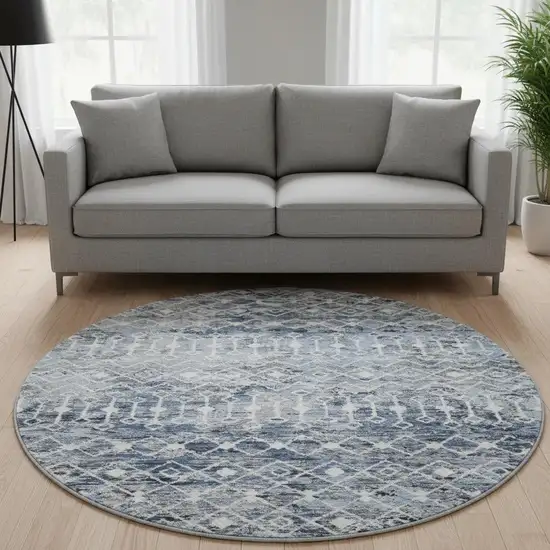 8' Blue Ivory And Gray Geometric Washable Round Rug With UV Protection Photo 2