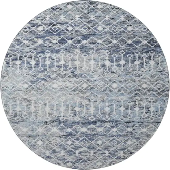 8' Blue Ivory And Gray Geometric Washable Round Rug With UV Protection Photo 2
