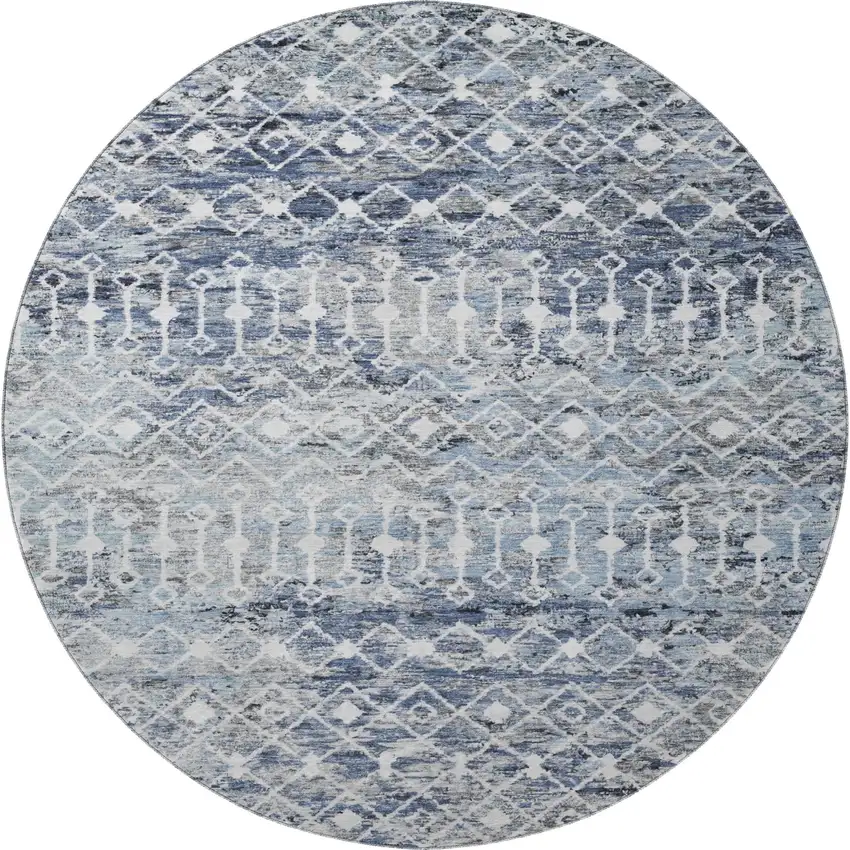 8' Blue Ivory And Gray Geometric Washable Round Rug With UV Protection Photo 2