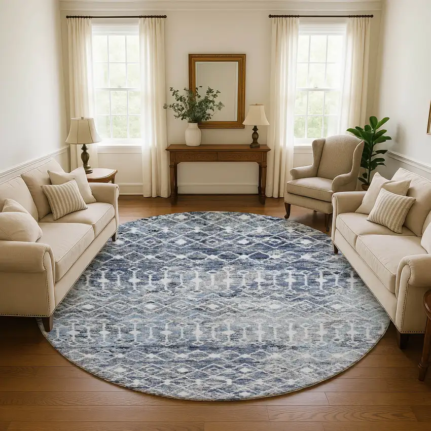 8' Blue Ivory And Gray Geometric Washable Round Rug With UV Protection Photo 3