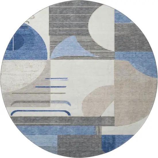 8' Blue Ivory And Gray Geometric Washable Round Rug With UV Protection Photo 3