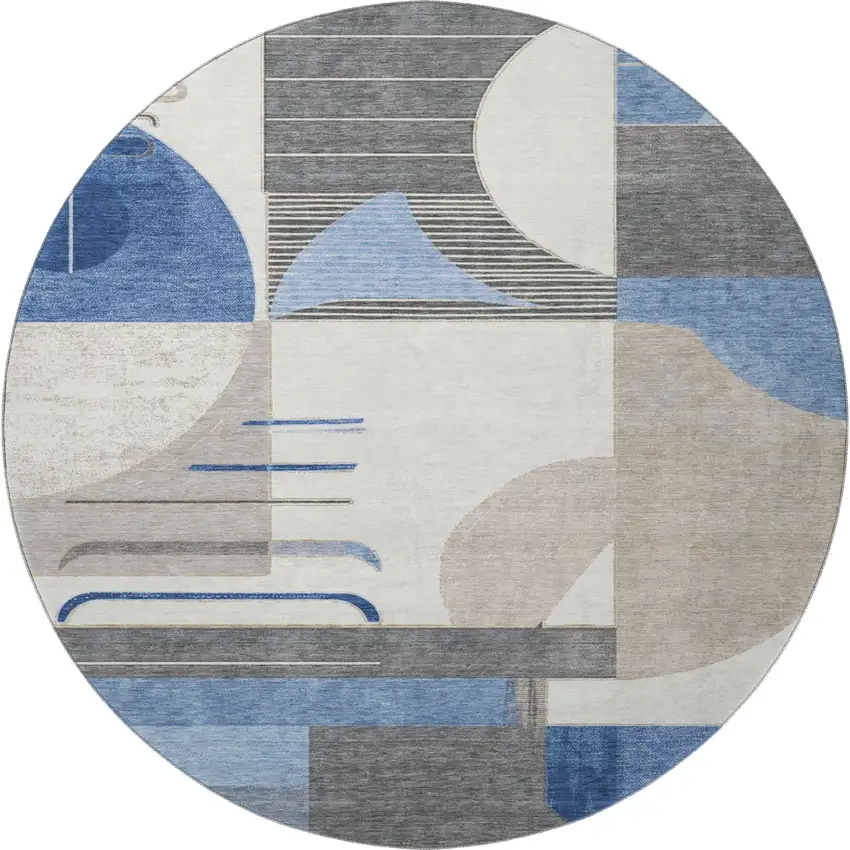 8' Blue Ivory And Gray Geometric Washable Round Rug With UV Protection Photo 3
