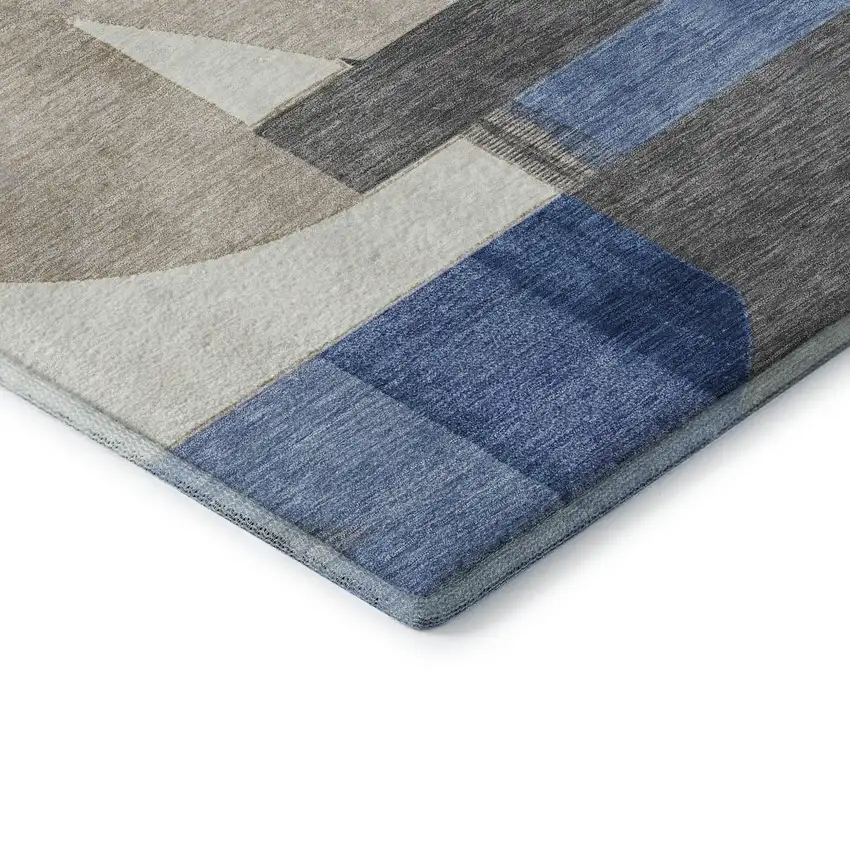 8' Blue Ivory And Gray Geometric Washable Round Rug With UV Protection Photo 6