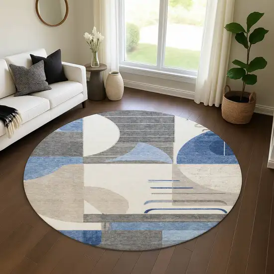 8' Blue Ivory And Gray Geometric Washable Round Rug With UV Protection Photo 4