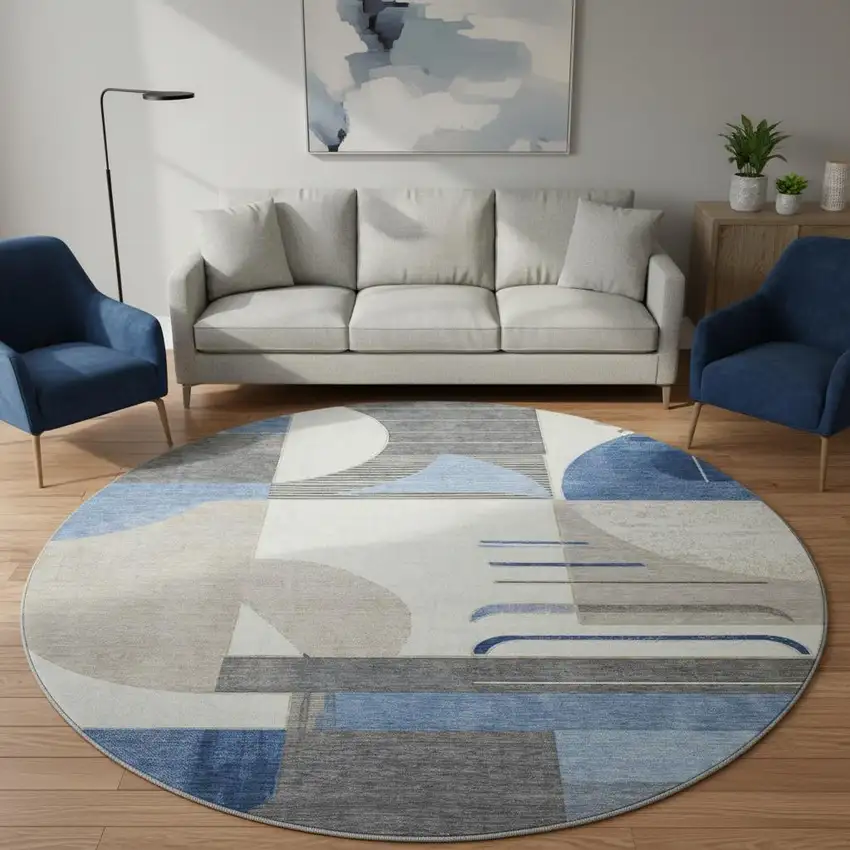 8' Blue Ivory And Gray Geometric Washable Round Rug With UV Protection Photo 2