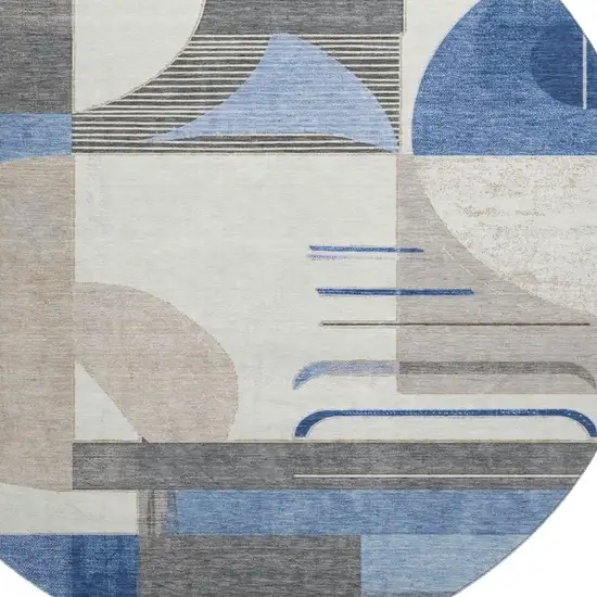 8' Blue Ivory And Gray Geometric Washable Round Rug With UV Protection Photo 2