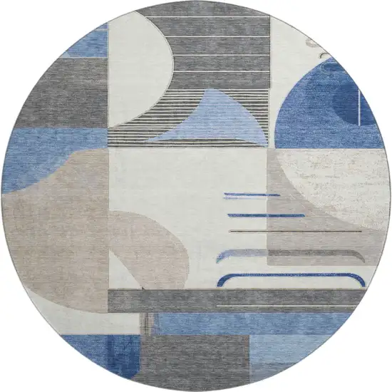 8' Blue Ivory And Gray Geometric Washable Round Rug With UV Protection Photo 1