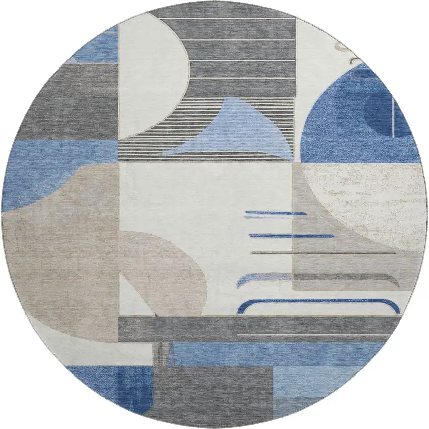 8' Blue Ivory And Gray Geometric Washable Round Rug With UV Protection Photo 1
