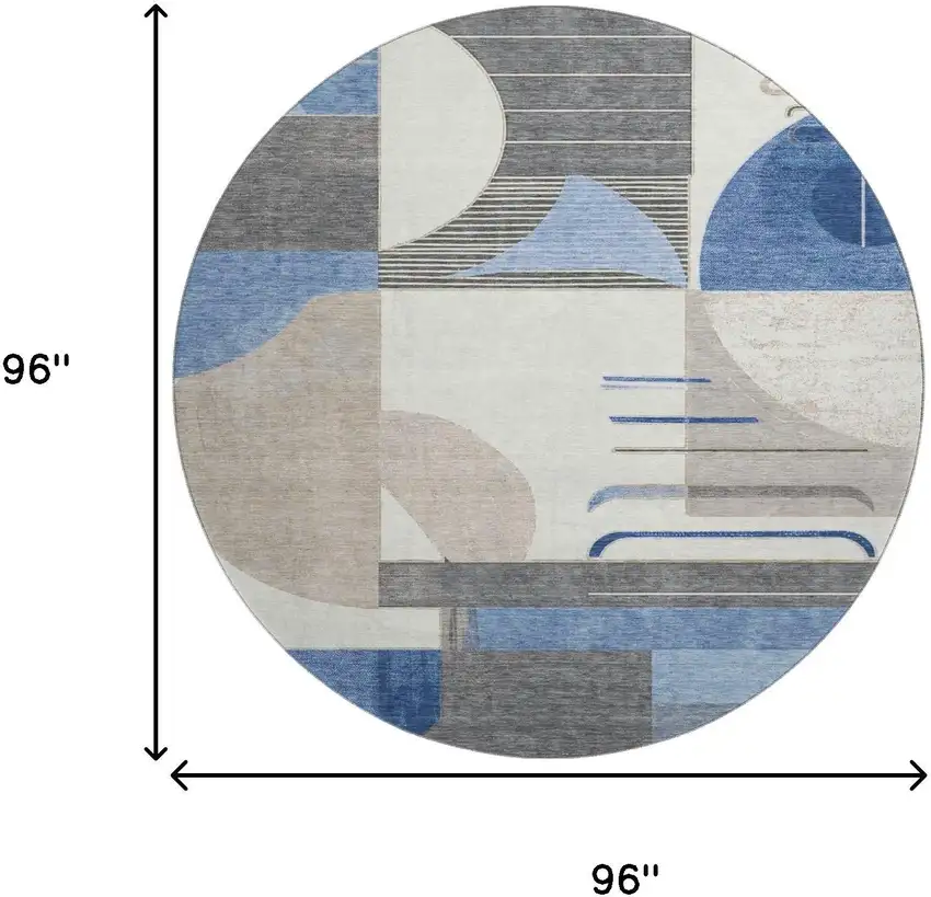 8' Blue Ivory And Gray Geometric Washable Round Rug With UV Protection Photo 9