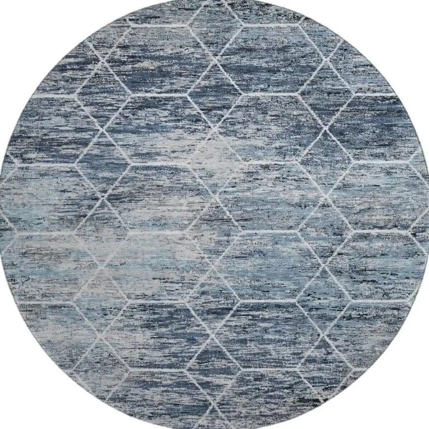 8' Blue Ivory And Gray Geometric Washable Round Rug With UV Protection Photo 3