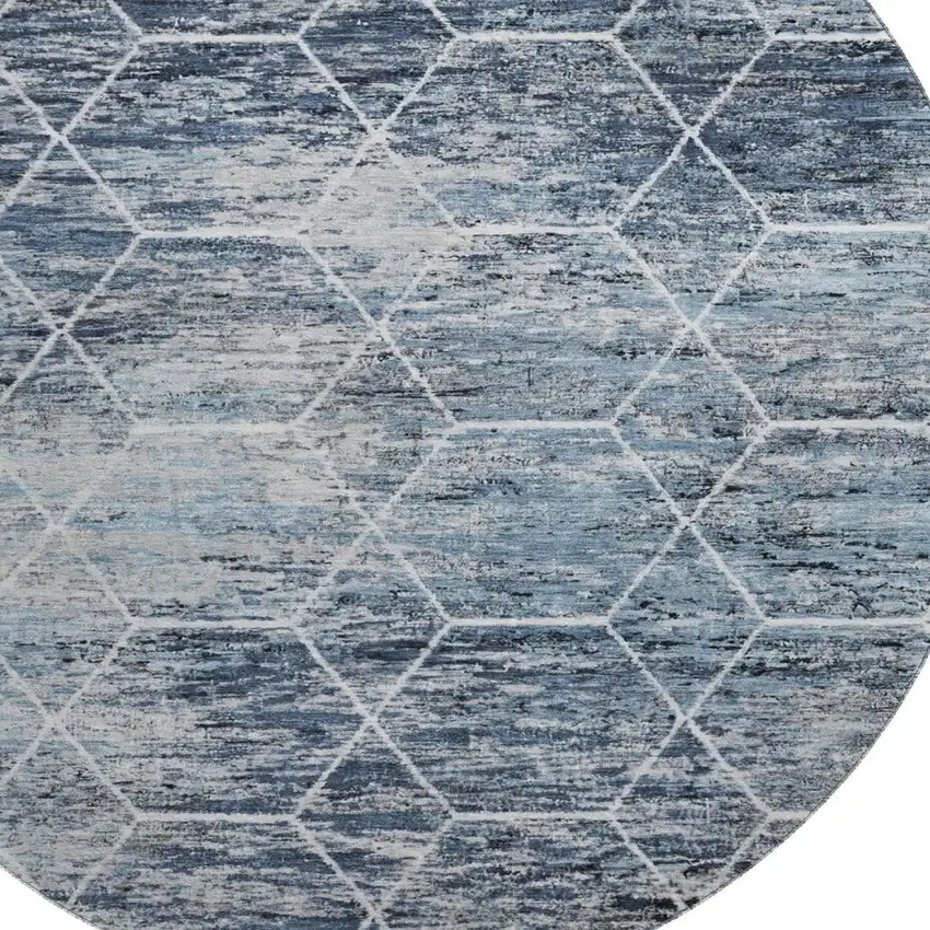 8' Blue Ivory And Gray Geometric Washable Round Rug With UV Protection Photo 2