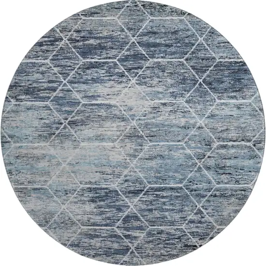 8' Blue Ivory And Gray Geometric Washable Round Rug With UV Protection Photo 1