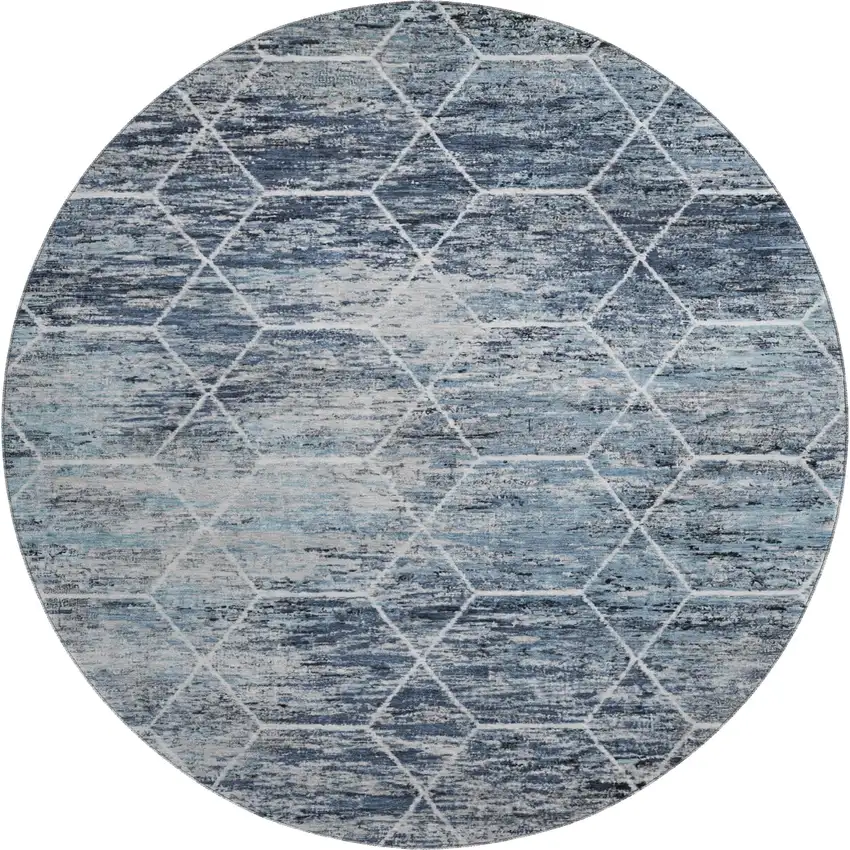 8' Blue Ivory And Gray Geometric Washable Round Rug With UV Protection Photo 1