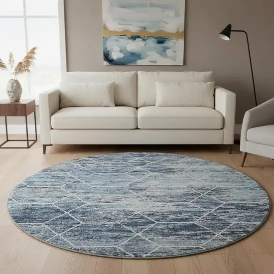 8' Blue Ivory And Gray Geometric Washable Round Rug With UV Protection Photo 2