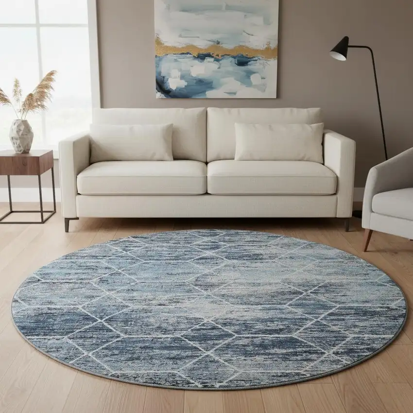 8' Blue Ivory And Gray Geometric Washable Round Rug With UV Protection Photo 2