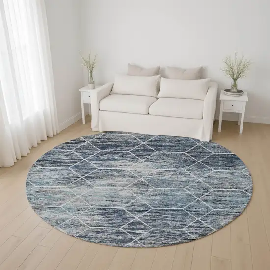 8' Blue Ivory And Gray Geometric Washable Round Rug With UV Protection Photo 4
