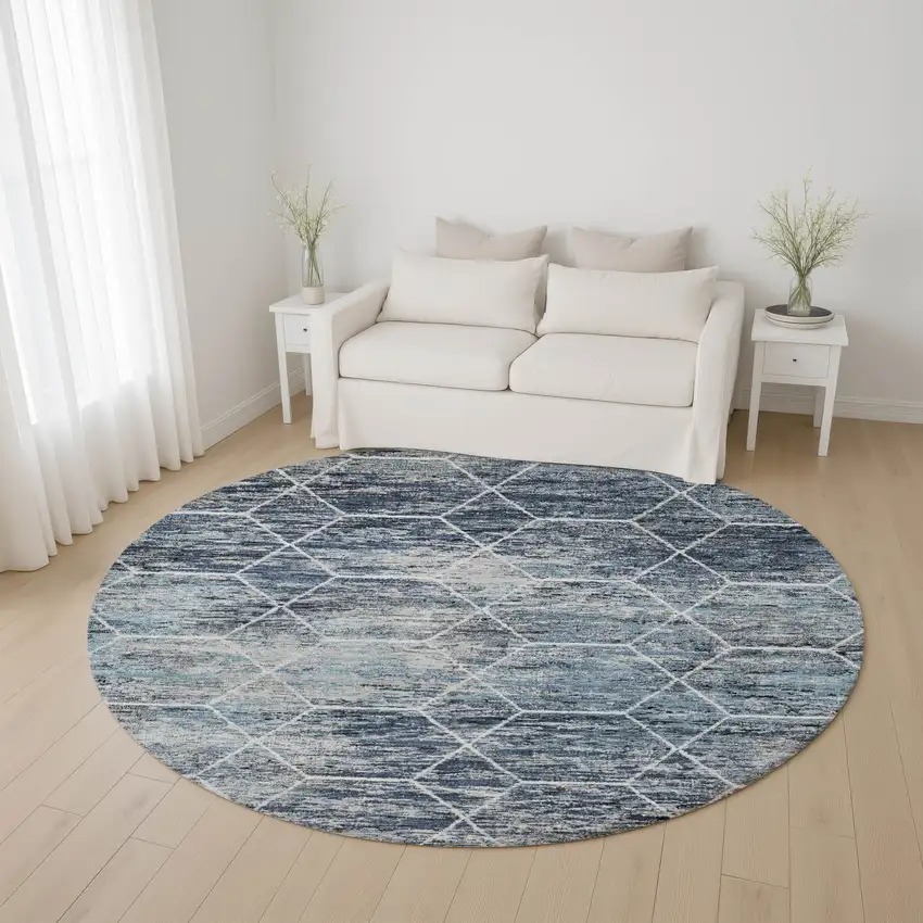 8' Blue Ivory And Gray Geometric Washable Round Rug With UV Protection Photo 4