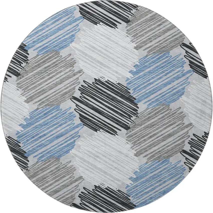 8' Blue Ivory And Gray Geometric Washable Round Rug With UV Protection Photo 4
