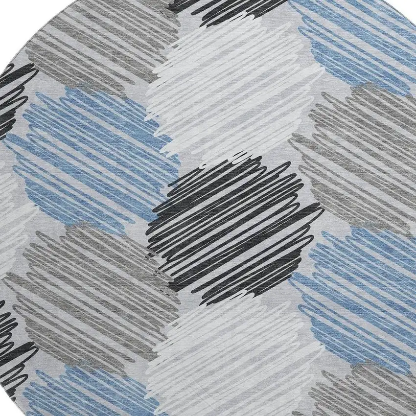 8' Blue Ivory And Gray Geometric Washable Round Rug With UV Protection Photo 3