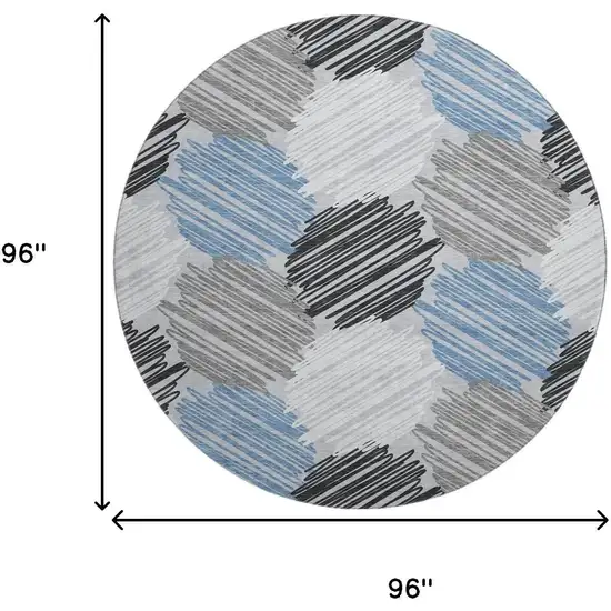 8' Blue Ivory And Gray Geometric Washable Round Rug With UV Protection Photo 9
