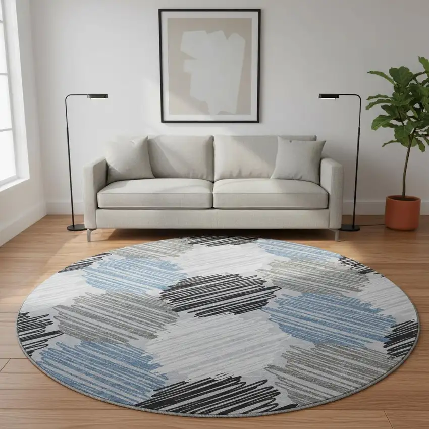 8' Blue Ivory And Gray Geometric Washable Round Rug With UV Protection Photo 2