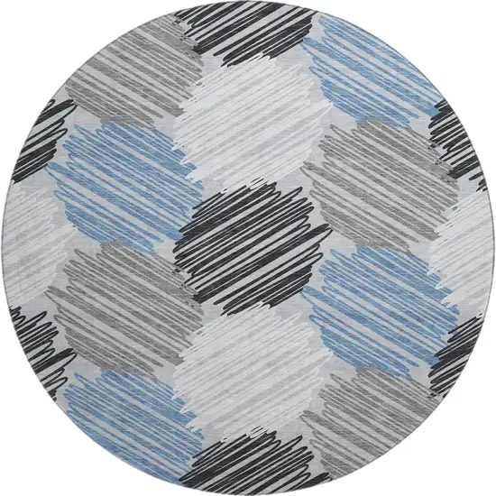 8' Blue Ivory And Gray Geometric Washable Round Rug With UV Protection Photo 1
