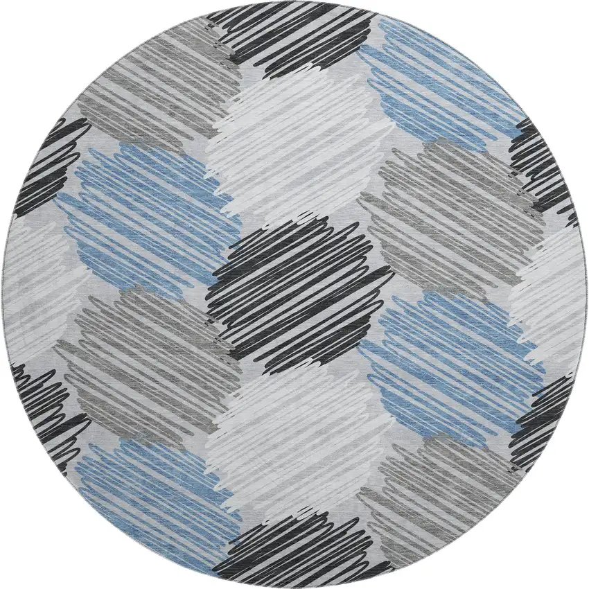 8' Blue Ivory And Gray Geometric Washable Round Rug With UV Protection Photo 1