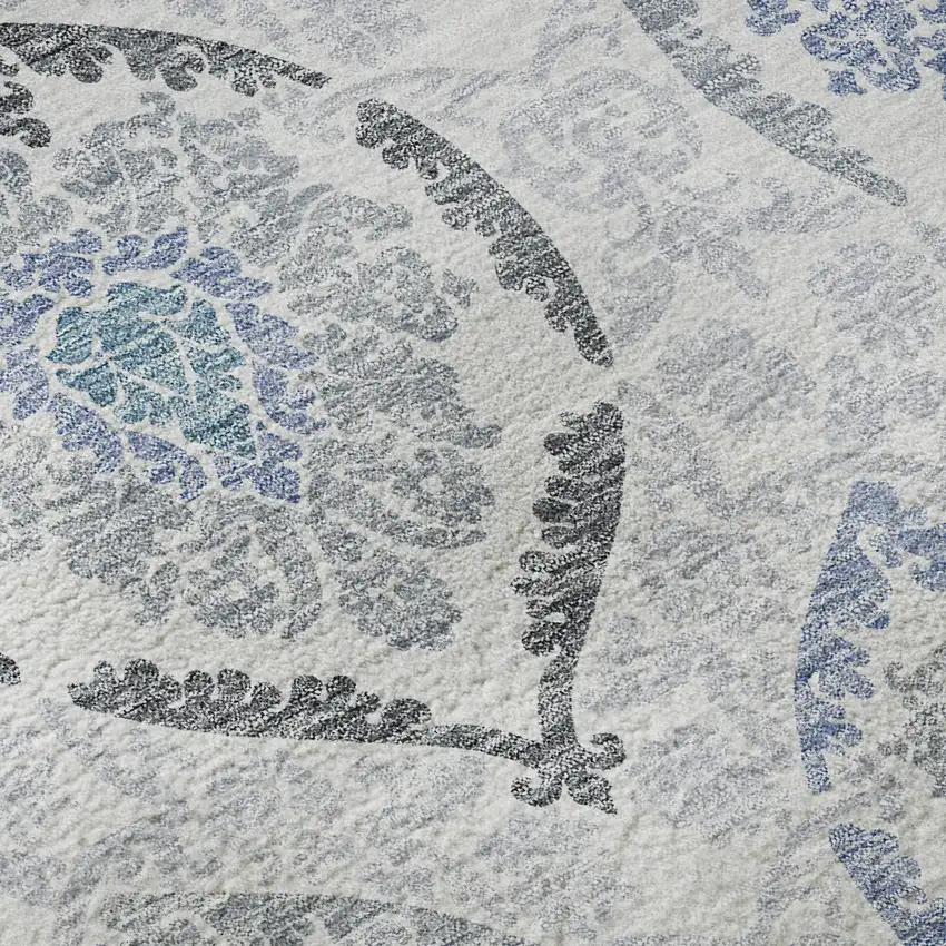 8' Blue Ivory And Gray Medallion Washable Round Rug With UV Protection Photo 9