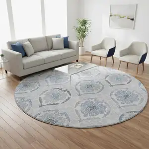 Photo of 8' Blue Ivory And Gray Medallion Washable Round Rug With UV Protection
