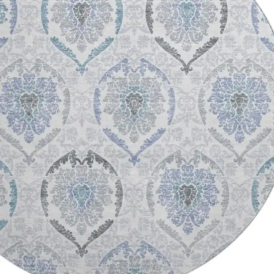 8' Blue Ivory And Gray Medallion Washable Round Rug With UV Protection Photo 3