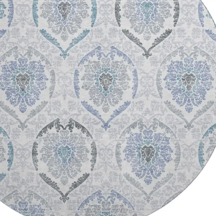 8' Blue Ivory And Gray Medallion Washable Round Rug With UV Protection Photo 3