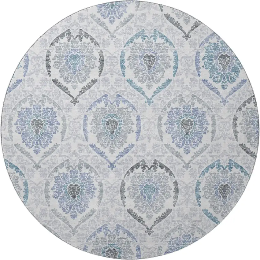 8' Blue Ivory And Gray Medallion Washable Round Rug With UV Protection Photo 4