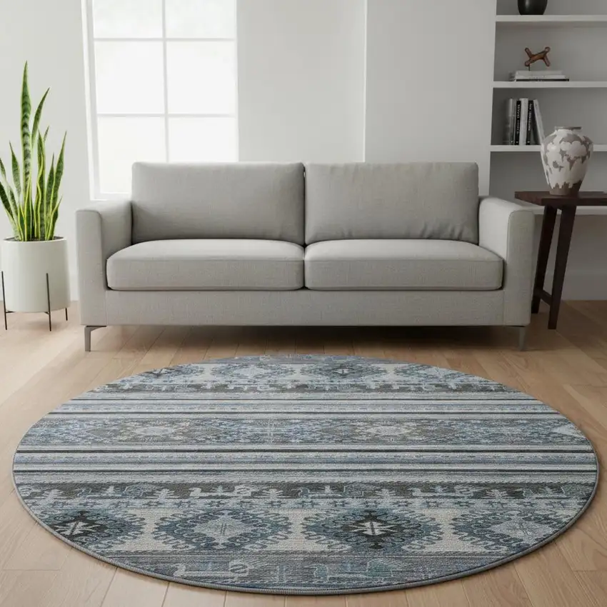 8' Blue Ivory And Gray Medallion Washable Round Rug With UV Protection Photo 2