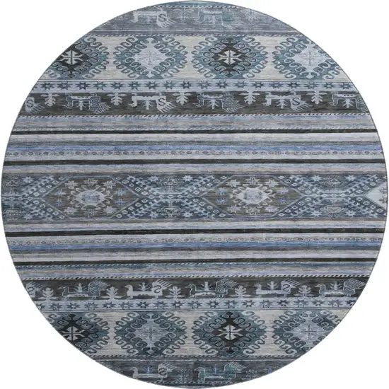 8' Blue Ivory And Gray Medallion Washable Round Rug With UV Protection Photo 1