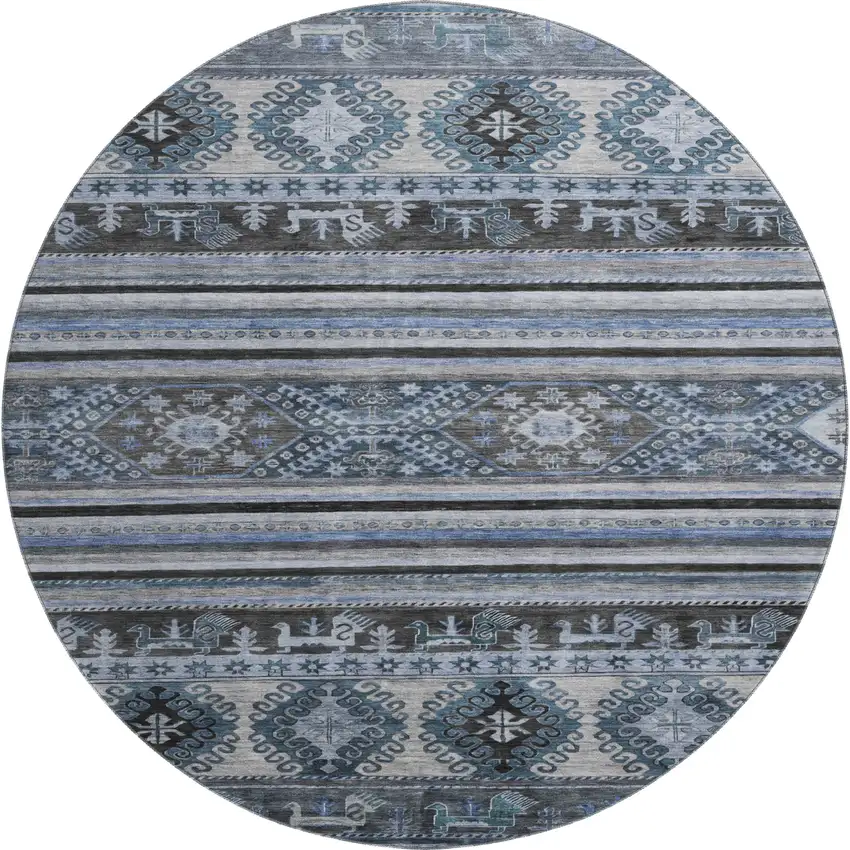 8' Blue Ivory And Gray Medallion Washable Round Rug With UV Protection Photo 1