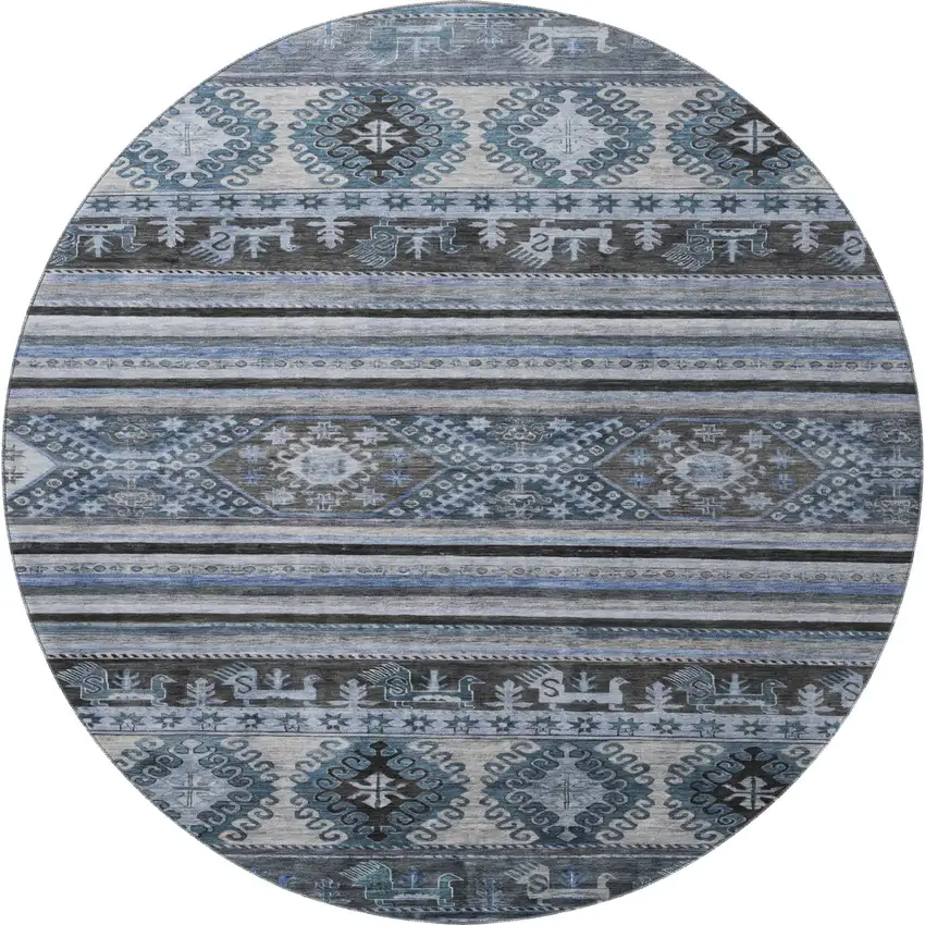 8' Blue Ivory And Gray Medallion Washable Round Rug With UV Protection Photo 2