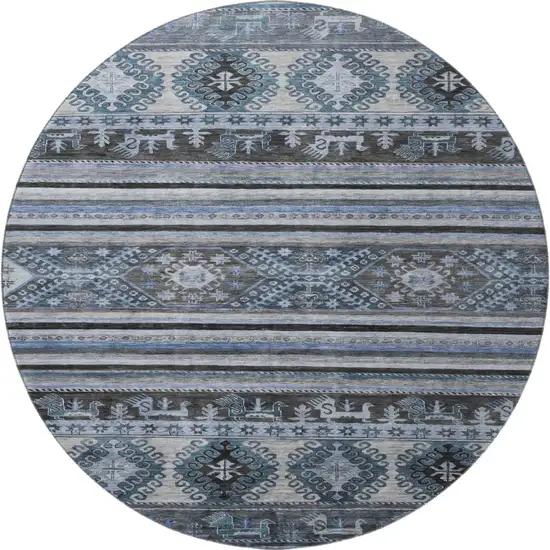 8' Blue Ivory And Gray Medallion Washable Round Rug With UV Protection Photo 2