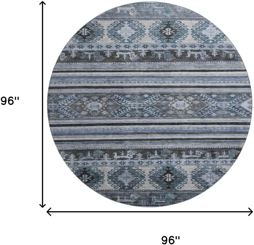 8' Blue Ivory And Gray Medallion Washable Round Rug With UV Protection Photo 8