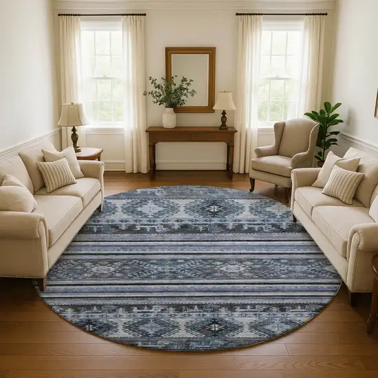 8' Blue Ivory And Gray Medallion Washable Round Rug With UV Protection Photo 3