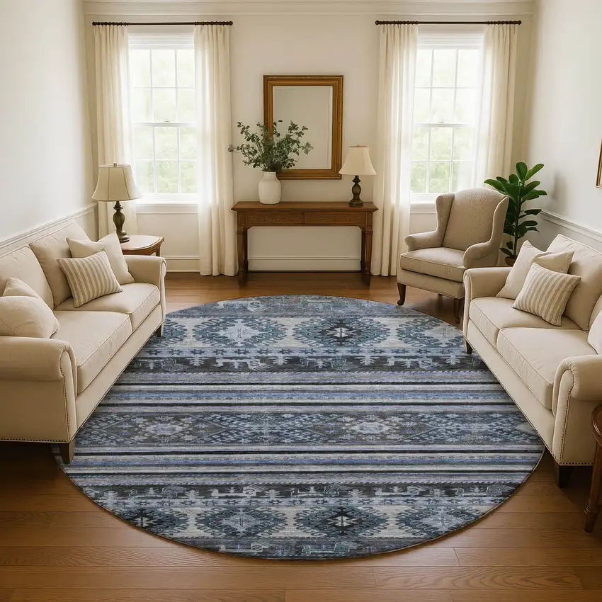8' Blue Ivory And Gray Medallion Washable Round Rug With UV Protection Photo 3