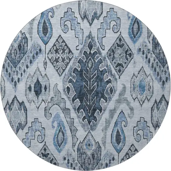 8' Blue Ivory And Gray Moroccan Washable Round Rug With UV Protection Photo 4