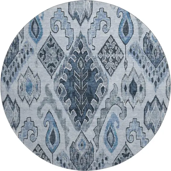 8' Blue Ivory And Gray Moroccan Washable Round Rug With UV Protection Photo 1