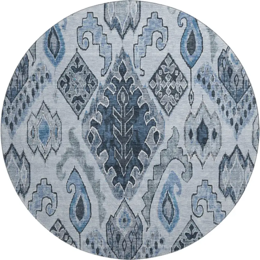 8' Blue Ivory And Gray Moroccan Washable Round Rug With UV Protection Photo 1